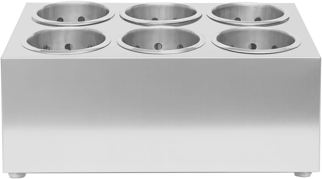 Commercial Utensil Holder, Stainless Steel Cylinder Flatware Silverware Utensil Holder Organizer Countertop Forks Spoons Knife Utensil Caddy Compact Cutlery Organizer(6 Hole)