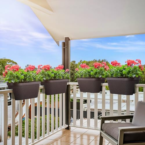 BPS 20'' Outdoor Balcony Railing PP Plastic Flower Pots - 4-Piece Set with Two Drainage Holes and Adjustable Brackets for Railings, Patios, Fences, Decks-Brown