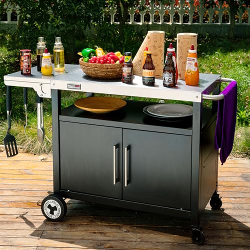Royal Gourmet Grillwagen mit Klappbarem Seitentisch Grilltisch mit Handtuchgriff, Unterschrank, Grill Trolley mit Edelstahl Tischplatte, Servierwagen mit Rollen