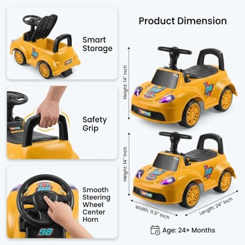 Image of Kids Ride On Yellow Car for Toddlers with Steering Wheel & Backrest | Foot to Floor Baby Push Car | Indoor Outdoor | Strong Wheels & Comfortable Seat | Racing Design for Boys & Girls (1-3 Years)