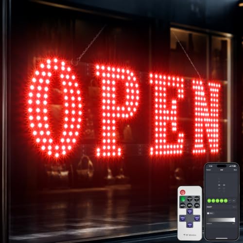 Image of Open Sign for Business 30 inch x 10 inch, Smart Extra Large LED Open Sign with Bluetooth APP Timer & Remote, Dimmable 14 Modes for High-Visibility Storefront Window Red