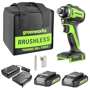 Greenworks 24V Brushless 1/4″ Cordless Impact Driver, (2) 2.0Ah Batteries, Compact Charger, and Bag Included