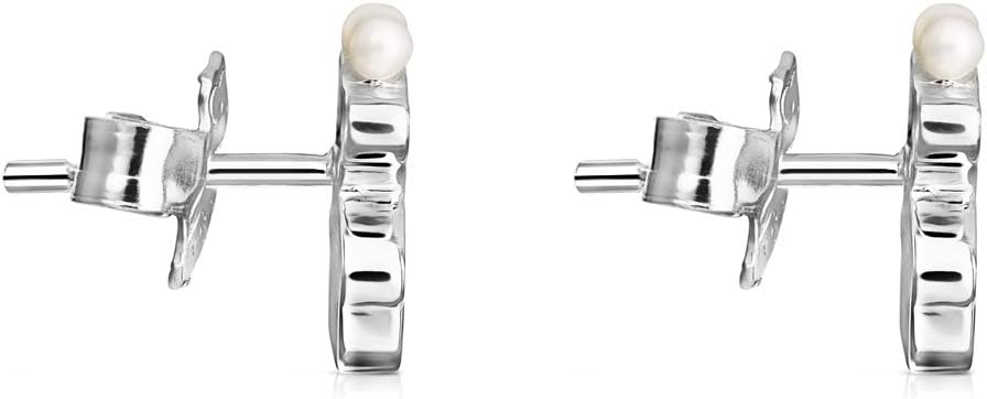 TOUS Sterling Silver Earrings for Women with Pearls & Bear Motif, Size: 0.9 cm. Real Sisy Collection