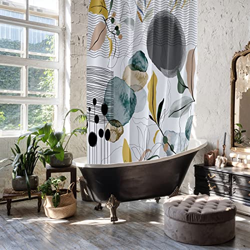 Yaehoco Boho Fabric Shower Curtain Mid Century Shower Curtain Set Royal Blue Gray Black Yellow Leaves Plant Modern Minimalist Bathroom Decor Waterproof Shower Curtains With Hooks, 72" X 72 #TOP1