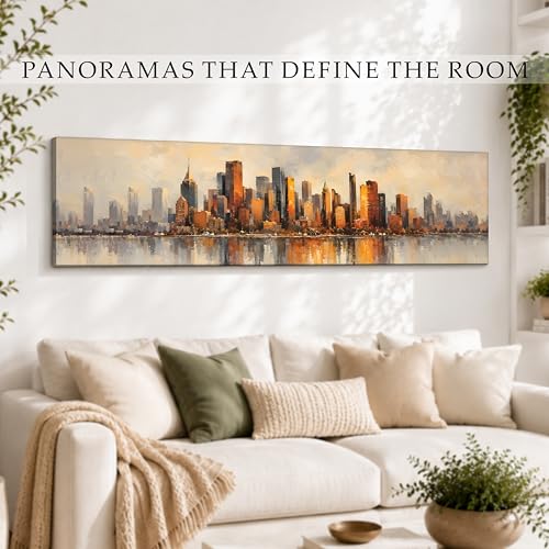 Image of Modern Urban Skyline Stretched Canvas Wall Art Painting for Living Room, Abstract Cityscape Canvas Wall Decor For Livingroom, Bedroom, Office, Hallway's, Hotel 12x46 Inch
