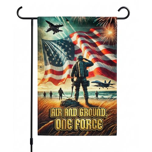 FLAGMEUP8386 Joint Forces Military Garden Flag 12x18 In Doublesided Saluting Soldiers Fighter Jets American Flag All-Weather Decor for Veterans Day & Patriot Day