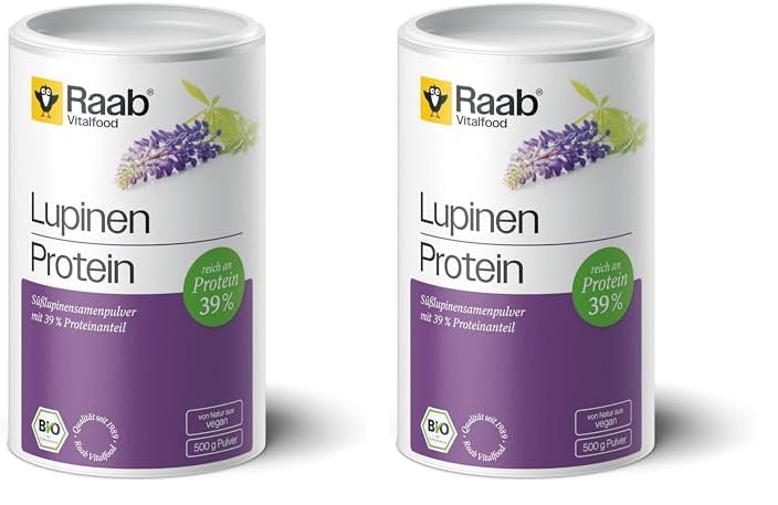 Raab Vitalfood® Bio Lupinenprotein Pulver (500 g) - 100 % Süßlupinensamenpulver mit 39 % Proteingehalt, ohne Zusätze, Vegan, Bio, perfekt für Shakes, Smoothies oder zum Backen & Kochen (Packung mit 2)
