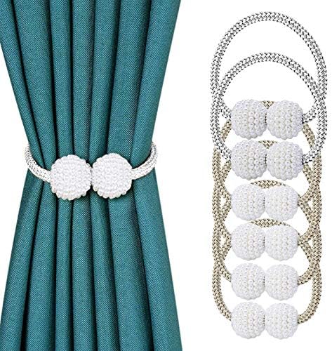 WOVTE Curtain Tiebacks, 6PCS Pearl Ball Magnetic Curtain Tiebacks Pretty and Fashion Curtain Rope Holdbacks for Home, Office, Hotel Window Decoration