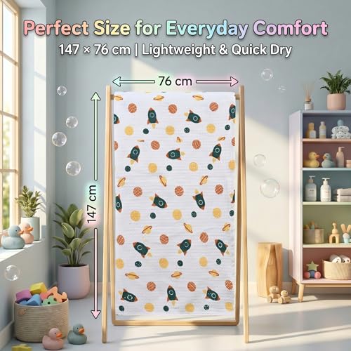 Image of Mafatlal Coo Coo 100% Cotton Kids Bath Towel (147x73 cm) | 250 GSM | Soft, Lightweight & Quick-Dry | Fun Cartoon Print | Multicolor | Perfect for Everyday Use | Pack of 1