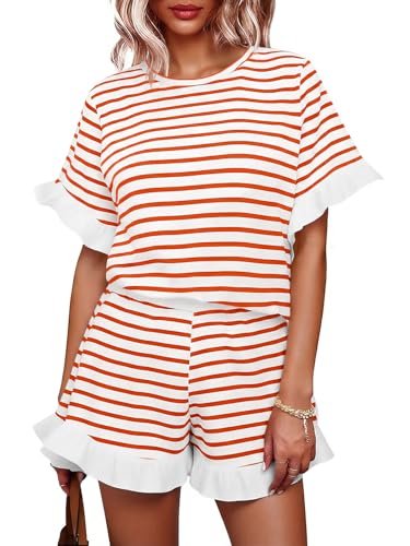 Image of Tankaneo Womens 2 Piece Striped Shorts Set Ruffle Short Sleeve Tops Hight Waist Shorts Matching Sets Summer Vacation Outfits