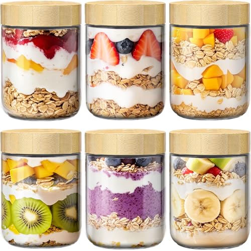 6 Pack 16oz Overnight Oats Containers with Bamboo Lids, Glass