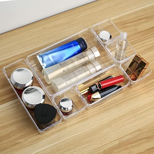 7 Pieces Separate Drawer Organiser System with Storage Boxes, Transparent Plastic Divider Organiser Trays for Makeup & Cosmetics, Dressing Table, Office Desk, Bedroom Dresser Bathroom & Kitchen