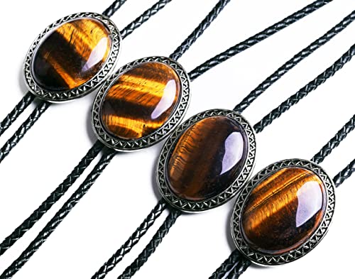 Image of Moranse Bolo Tie with Natural Tiger Eye Stone Celtic Style Genuine and Cowhide Rope