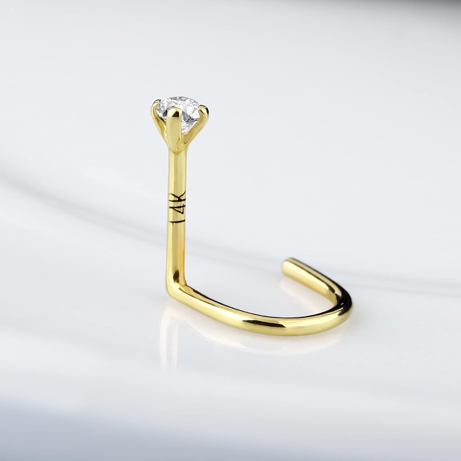 COCHARM 14K Solid Gold Right Nose Stud 20g Yellow Gold Right Nostril Nose Ring Screw 2mm Diamond Nose Piercing Sparkling CZ Hypoallergenic Real Gold Screw Nose Studs