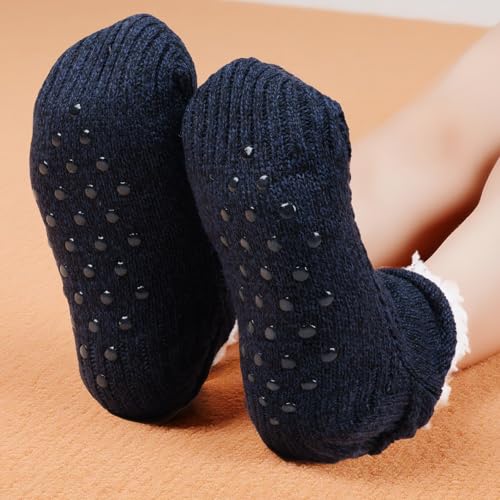 Yookat 2 Pairs Unisex Fluffy Fuzzy Warm Slipper Socks for Men Women Girls Knitted Thick Fleece Lined Grippers Non Slip Socks Soft Cozy Winter Home House Bed Floor Slipper Socks4