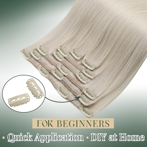 Image of Ugeat Seamless Clip in Hair Extensions Human Hair Blonde 22 Inch 7pcs 120g | Real Human Hair Extensions Clip ins , Hair Clip on Extensions Platinum Blonde , Straight Texture