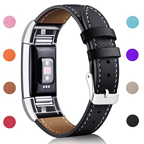 Hotodeal Replacement Leather Band Compatible for Charge 2, Classic Genuine Leather Wristband Metal