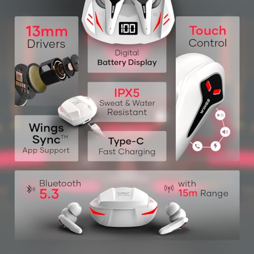 Image of Wings Phantom 320 Gaming Earbuds with Bluetooth 5.3, Best Gaming Earphones with Gaming Mode 40ms Latency, Earpods Sync App Support, New Earbuds with Gaming Inspired Design