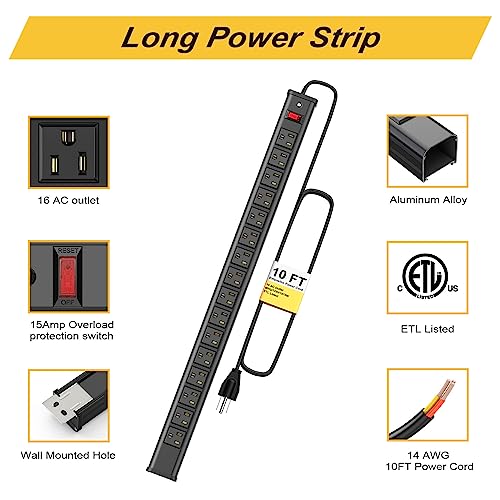 Long Surge Protector Power Strip,16 Outlet Heavy Duty Power Strip Metal Power Bar,10 FT Long Extension Cord with Circuit Breaker for Garage,Workshop,Industrial(125V/1875W, ETL Listed),Black by Kungfuking - Used condition - Image 5