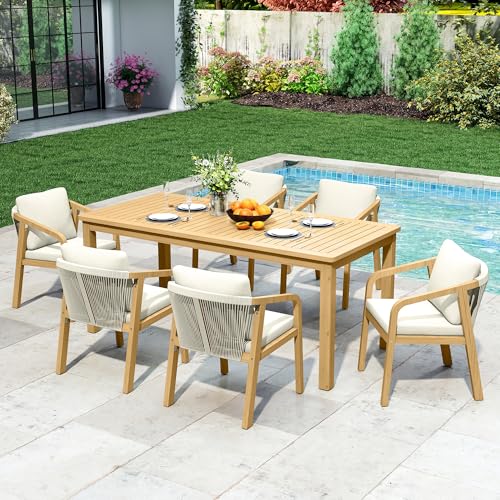 7-Piece Outdoor Dining Set for 6 with 23" Extra Wide Chair and Cushion,Patio Table and Chairs Set with All Acacia Wood Frame, All-Weather PE Rattan Outdoor Patio Furniture Set for Lawn Garden, Beige