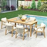 7-Piece Outdoor Dining Set for 6 with 23' Extra Wide Chair and Cushion，Patio Table and Chairs Set with All Acacia Wood Frame, All-Weather PE Rattan Outdoor Patio Furniture Set for Lawn Garden, Beige