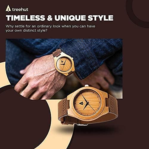 Vista 4 de Treehut Reloj de bambú de madera para hombre con correa de cuero genuino analógico de cuarzo..., Marrón Natural 1, Reloj de cuarzo