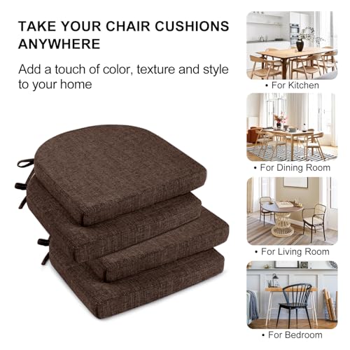 Image of Wellsin Chair Cushions for Dining Chairs 4 Pack - Kitchen Chair Cushions with Ties and Non-Slip Backing - Dining Chair Pads 16 inchX16 inchX2 inch, Brown