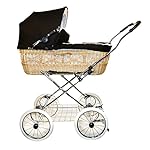 EICHHORN Weidenkorb Kinderwagen, Korb Natur, Stoff Schwarz - große Liegefläche, weich gefedert, inklusive Matratze und Regenschutzbezug