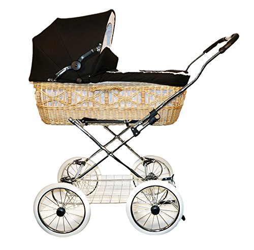 EICHHORN Weidenkorb Kinderwagen, Korb Natur, Stoff Schwarz - große Liegefläche, weich gefedert, inklusive Matratze und Regenschutzbezug