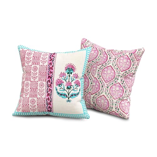 Image of BLOCKS OF INDIA Hand Block Printed Cotton Linen Cushion Cover (16 x 16 inches) (DYE Turq Pink Half)