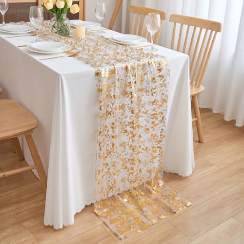 CHUQING Camino de Mesa Dorado para decoración de Mesa de cumpleaños, Boda, Vintage, de Gasa, Transparente, 70 cm x 3 m