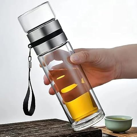 RUIBOLU Glass Tea Infuser Bottle Double Wall 15oz, Water Bottle Tea and Water Separation Tea Bottle Mug Cup with Tea Infuser, Tea Bottle with Infusers for Loose Tea cup Cover