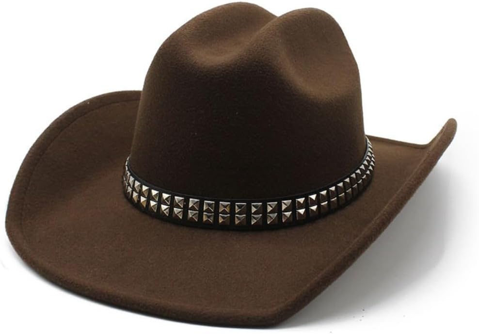 Western Cowboy Hat, Brown Felt with Studded Band, Wide Brim, Classic Crown