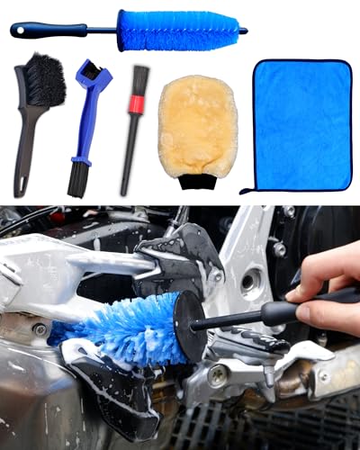 Motorcycle Cleaning Brush Kit 6 Pack, Easy Reach Brush, Chain Brush,Wool Wash Mitt, Stiff Tire Brush, Detailing Brush& Microfiber Towel for Motorcycle Mudguard, Rims,Exhaust, Frame Detailing Wash Kit