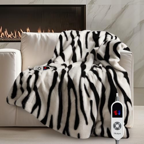 blunique Luxury Faux Fur Heated Blanket Electric Throw - Zebra Print Ultra Soft Thick Warm Heated Blanket, 6 Heating Levels & 12 Hours Auto-Off, ETL Certified, Washable, Luxurious Gifts, 50''x60''