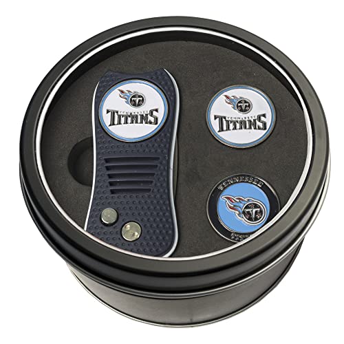Team Golf NFL Tennessee Titans Tin Gift Set with Retractable Divot Tool and 2 Ball Markers Gift Set with 3 Magnetic Ball Markers, Patented Single Prong Design, Causes Less Damage to Greens