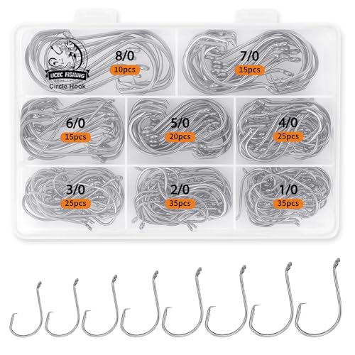 UCEC 180PCS Catfish Circle Hooks Saltwater, 2X Strong Offset Fishing Tackle Circle Fishing Hooks Saltwater Catfish Gear Fish Hook Set Size: 1/0 2/0 3/0 4/0 5/0 6/0 7/0 8/0