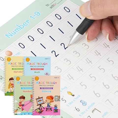 4 Set Grooved Handwriting Practice for Kids, Magic Copybooks Include Alphabet, Numbers, Math and Drawing,Reusable Tracing Books for Kids Age 3-5 has 1 Pen+10 Refills Cover