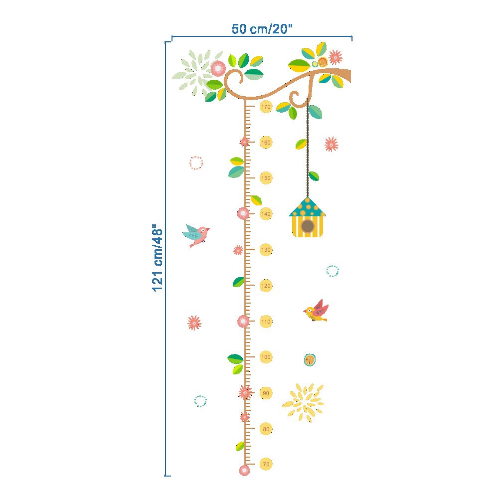 Wland 20 inches x 48 inches Spring Flowers Vines Leaves Birds Birdcage Animals Measurement Growth Chart Removable Vinyl Wall Decals Stickers for Children Room Nursery
