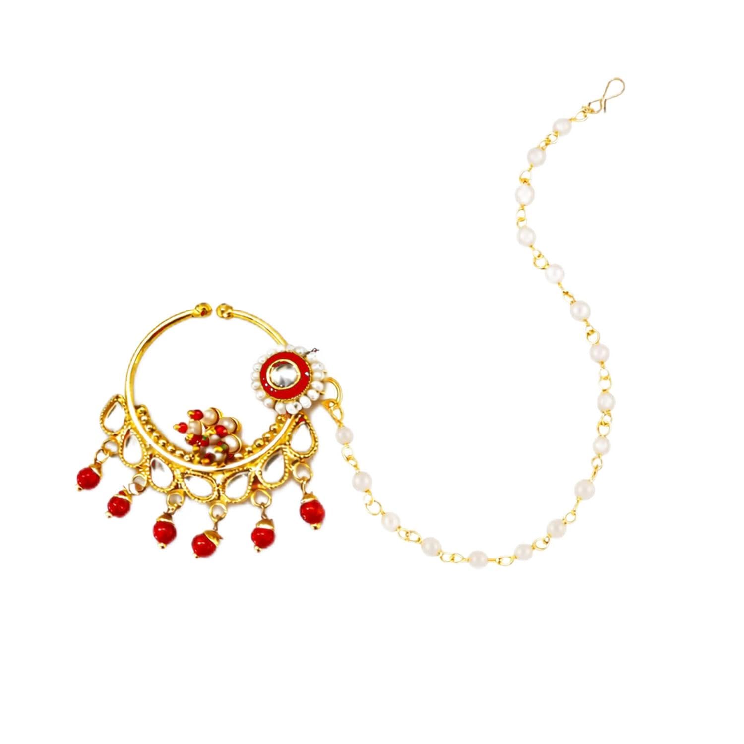 vama FASHIONS Gold Plated Rajputi Chain Nose Ring Red Beads Rajasthani Clip on Nathiya Without Piercing Bridal Nathni For Women-picture-11