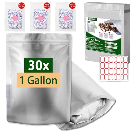 QMUNST Mylar Bags for Food Storage 30 PCS 1 Gallon Mylar Bags with Oxygen Absorbers 500cc x 30 Resealable Zipper Large Mylar Bag Heat Sealable & Stand-up & 36 Labels