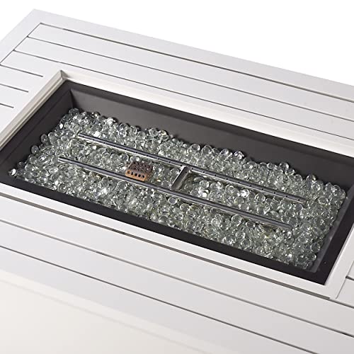 Image of Rectangular 46 in. x 31 in. Aluminum Propane Fire Pit Table, Glass Beads, Two Covers, Lid, 57,000 BTUs in White Finish