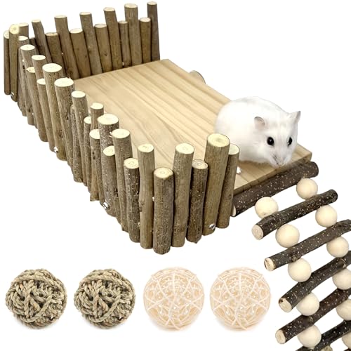 GOEDCH Plateforme d'escalade pour Hamster: 2 Balles d'herbe Aquatique et 2 Balles en Rotin aux Couleurs Primaires, Plateforme D'activités en Bois avec...