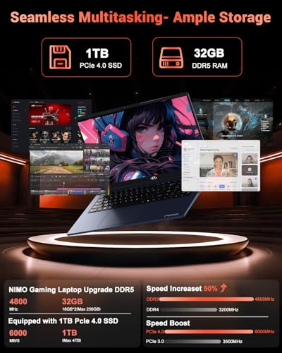 Image of NIMO 15.6 inch IPS FHD-Gaming-Laptop, AMD Ryzen 7 8745HS 32GB DDR5 RAM 1TB SSD (Beat R9 6900HX, up to 4.9GHz) Radeon 780M GPU Business Computer with 100W Type-C Backlit Keyboard, Fingerprint USB-C 4.0