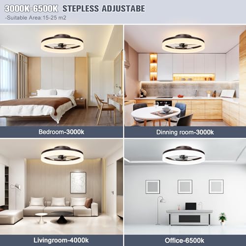 Image of VOLISUN Low Profile Ceiling Fans with Lights and Remote, 19.7in Fandelier Ceiling Fan Flush Mount, 3000K-6500K Smart Bladeless LED Fan Light, Brown Modern Ceiling Fans with Lights for Bedroom