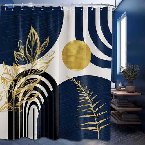 QGHOT Mid Century Modern Navy Blue Shower Curtain Boho Dark Blue and Gold Leaves Shower Curtains for Mens Bathroom Decor Sets, Waterproof Cloth Fabric with Hooks, 70x72in