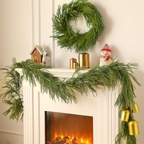 Duraaamo 9ft Christmas Deluxe Norfolk Pine Garlands and 18\'\' Wreath with 3 Cow Bells for Mantle Lighted Real Touch Christmas Greenery Garland with Large Harmony Bells Wreath for Holiday Mantle Stair