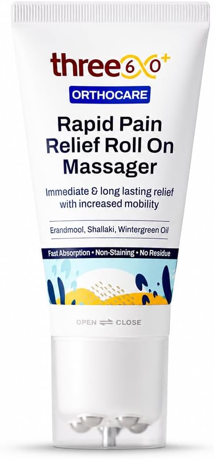 three60+ Rapid Pain Relief Roll On Massager with Gel | Erandmool, Shallaki, Wintergreen Oil & Nirgundi, Clinically Researched for Joint & Muscle Pain | Immediate Relief, Fast Absorbing, 100% Natural | Deep-Tissue Massage | Hands-Free Application | 50 ml per Pack | (Pack of 1)