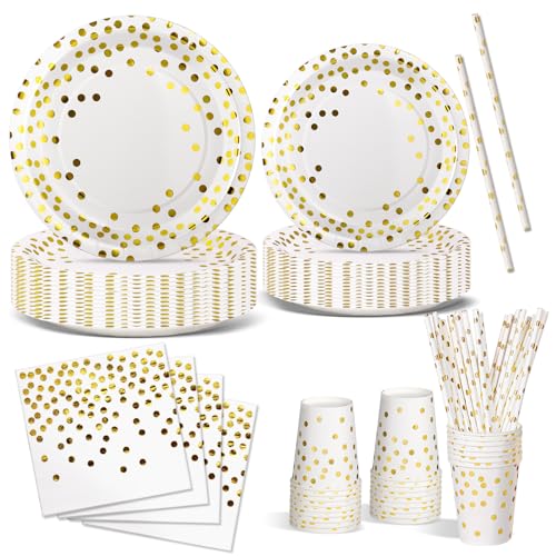 Nkaiso Anniversaire Vaisselle de fete 120 Pièces Blanc Or Party Assiette Anniversaire Set Comprendre Assiette Jetables Papier Tasses Serviettesr pour Party Decoration...