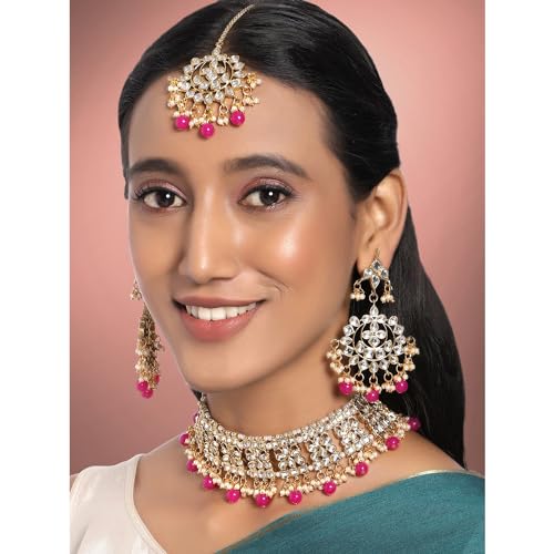 Image of Aheli Elegant Indian Faux Kundan Studded Choker Necklace with Maang Tikka Set Ethnic Wedding Wear Bharatanatyam jewellery set Gift for Women